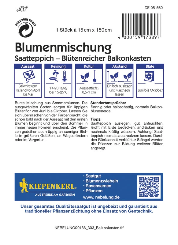 Blumenmischung Balkonkastenblumen Saatteppich (15cm X 150cm)