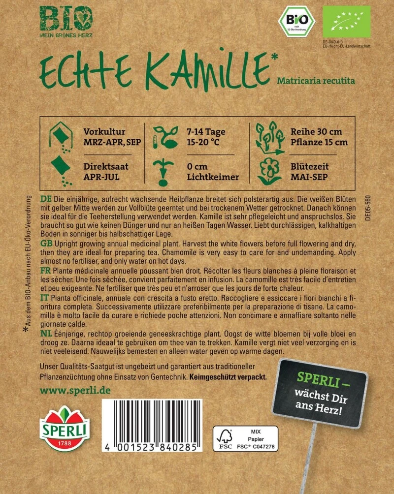 BIO Echte Kamille, Einjährige Aufrecht Wachsende Heilpflanze, Zur Teeherstellung, Sehr Pflegeleicht Und Anspruchslos