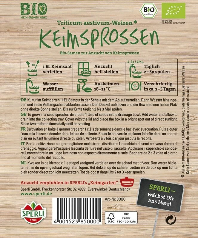 BIO Keimsprossen Weizen | 30 G | Geschmack Mild-nussige | Ideal Zur Sprossenzucht
