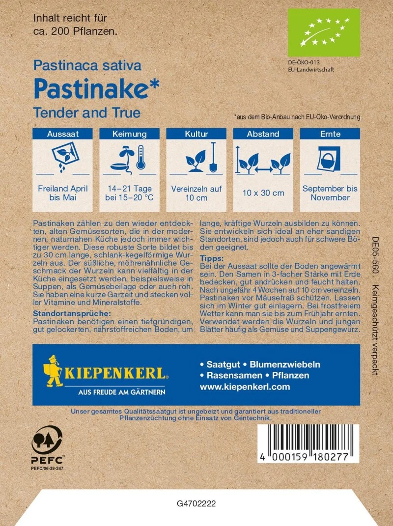 BIO Pastinake, Robustes Und Vitaminreiches Gemüse Mit Süßem Möhrenähnlichen Geschmack, Bio-Saatgut – Bild 2