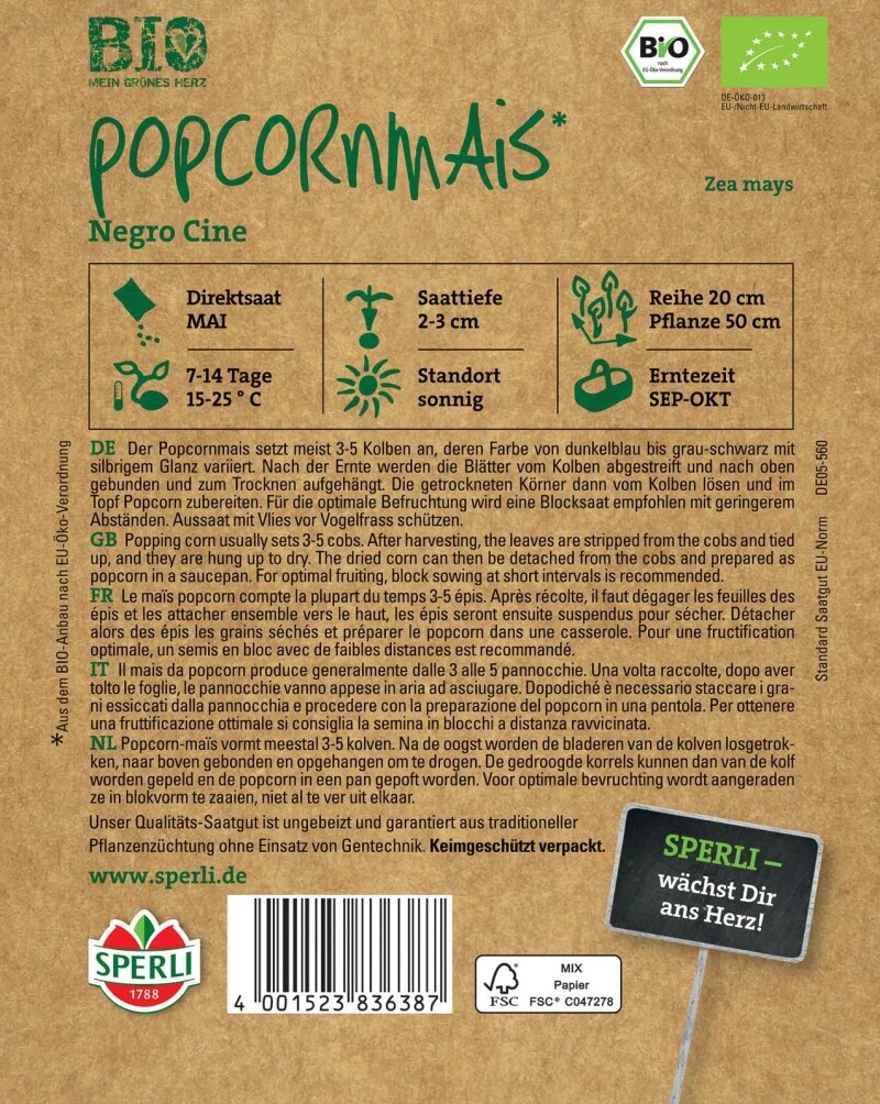 BIO Popkornmais, Sehr Gesunde Und Standfeste Sorte Die Einen Nussig-aromatischen Geschmack Hat