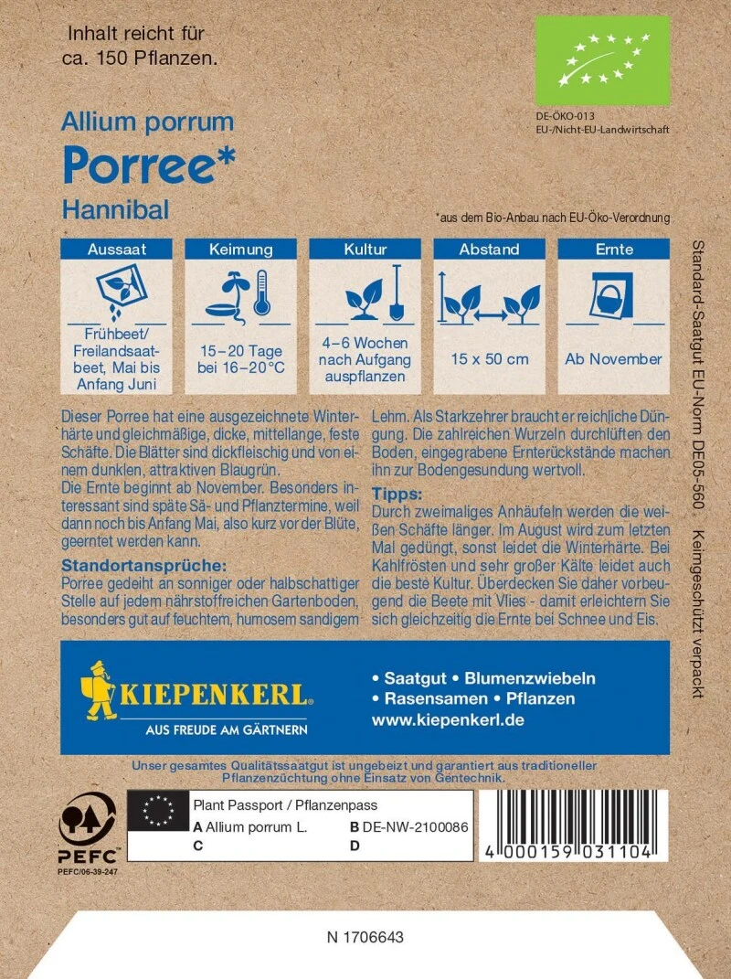 BIO Porree, Robustes Wachstum Lange Schäfte Und Ein Hoher Ertrag Sind Typisch Für Diese Bewährte Herbst- Und Wintersorte