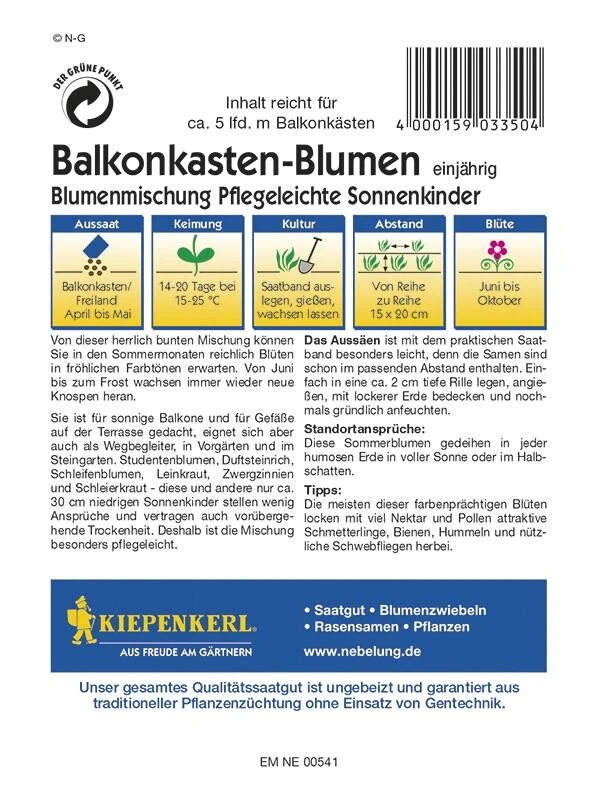 Blumenmischung Balkonkastenblumen Pflegeleichte Sonnenkinder Mischung Saatband