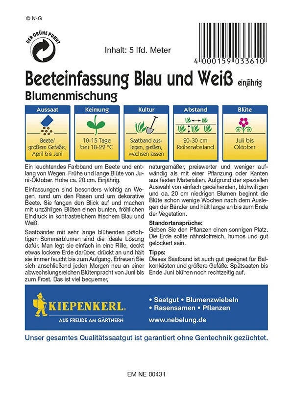 Blumenmischung Beeteinfassung Blau Und Weiss Einjährig Saatband 5mtr – Bild 2