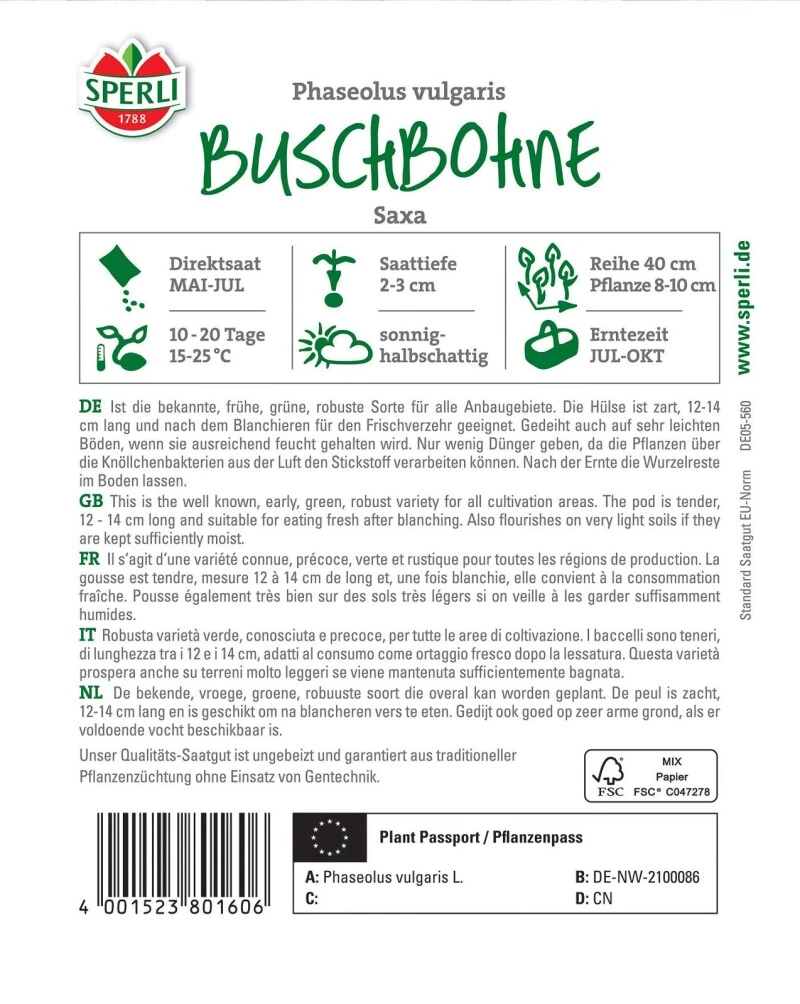 Buschbohne Saxa, Hülse Ist Zart Mittellang Und Vorwiegend Für Den Frischverbrauch Geeignet