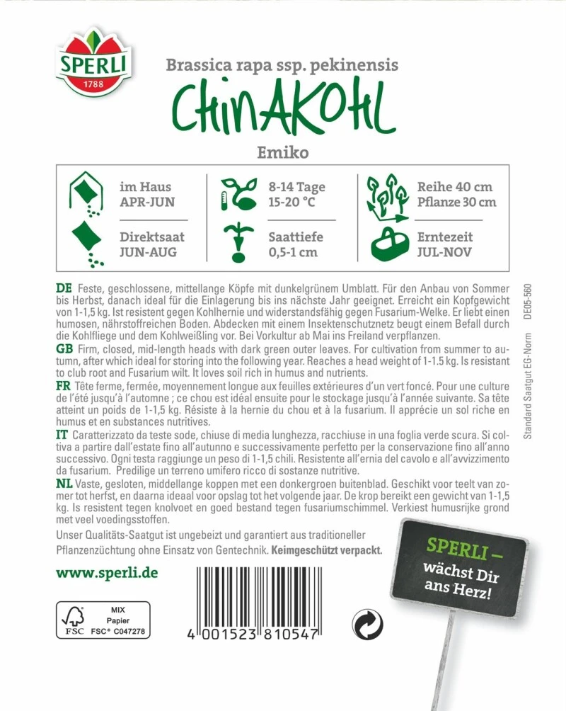 Chinakohl Emiko, Sommer Bis Herbstanbau, Resistente F1-Hybride