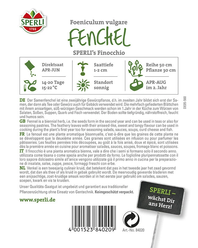 Fenchel SPERLING`s Finocchio, Zweijährige Gewürz Und Heilpflanze, Süß-würziger Geschmack (anisartig)