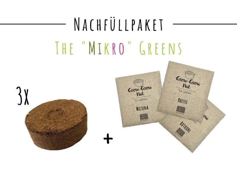 Grow-Grow Nut, Nachfüllpaket "The Mikro Greens", 3x Bio-Saatgut (Kresse, Mizuna Und Rotkohl) + 3x Kokoserde-Ziegel – Bild 3