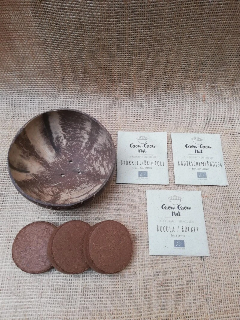 Grow-Grow Nut, Starterpaket, 1x Kokosnuss-Schale + 3x Bio-Saatgut (Brokkoli, Radieschen & Rucola) + 3x Kokoserde-Ziegel – Bild 6
