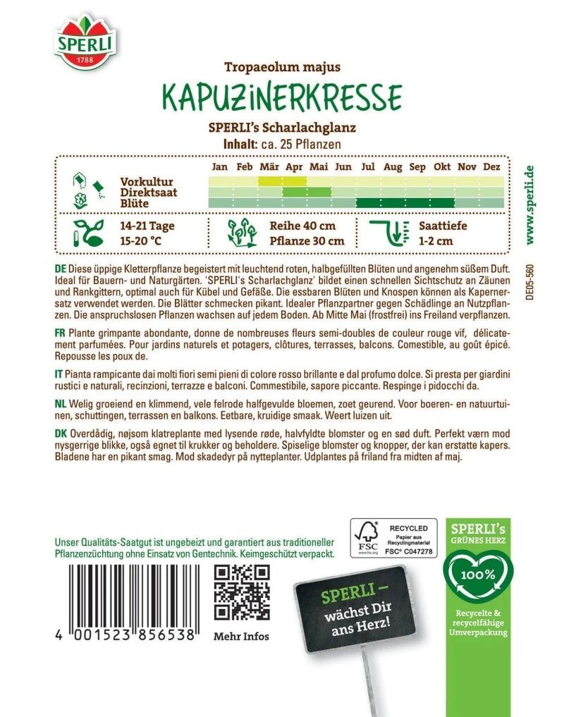 Kapuzinerkresse SPERLI's Scharlachglanz, Duftender Sichtschutz, Rankpflanze, Sperli