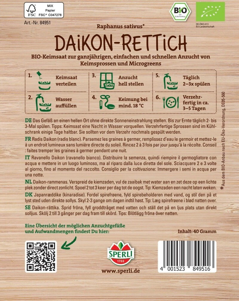 BIO Keimsprossen-Saat Daikon-Rettich, Geschmack: Intensiv-würzig (scharf)