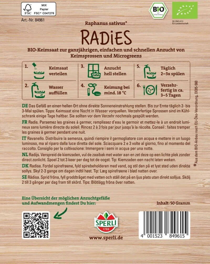 BIO Keimsprossen-Saat Radies, Geschmack: Kräftig-würzig (leicht Scharf) – Bild 2