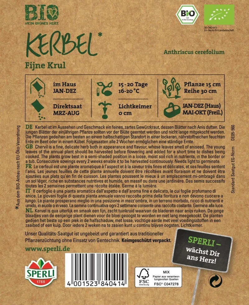 Kräuter Kerbel BIO, Ein Feines Zartes Würzkraut, Kräftig Grüne Blätter Duften Nach Anis