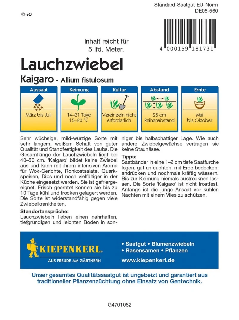 Lauchzwiebel Kaigaro (Saatband), Schlanke Sehr Wüchsige Lauchzwiebel Mit Langem Weißem Schaft, Widerstandsfähig Gegen Krankheiten – Bild 3