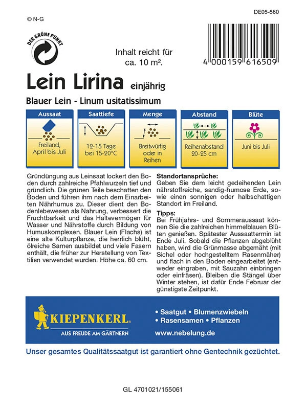 Lein 60 G, Lockert Den Boden Durch Zahlreiche Pfahlwurzeln Tief Und Gründlich