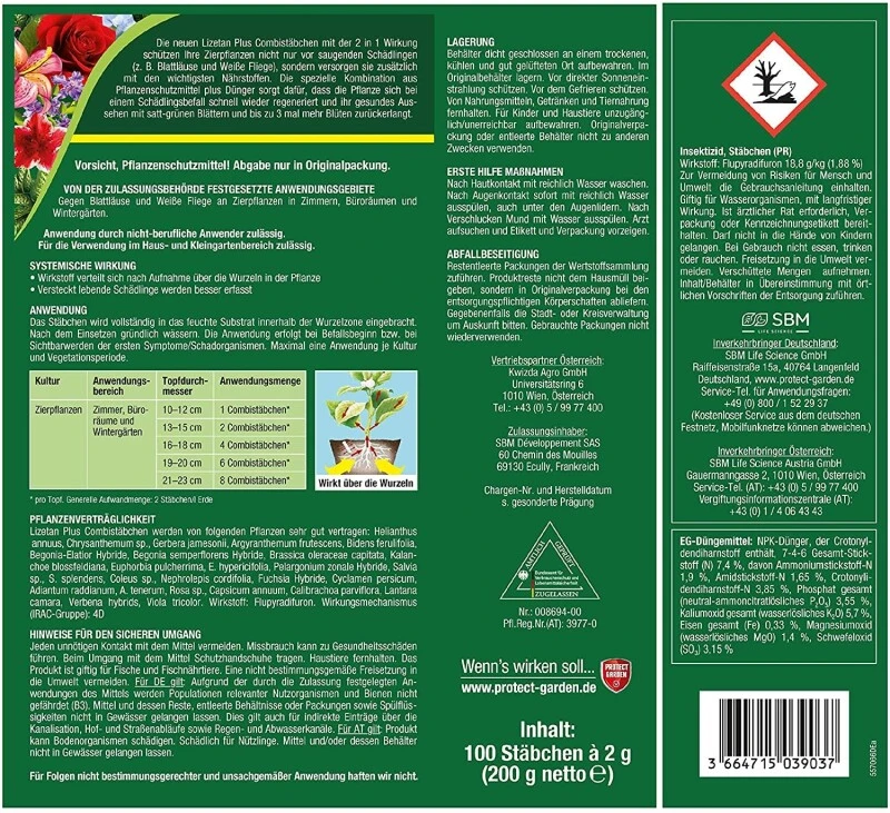 PROTECT GARDEN Lizetan Plus Combistäbchen 100 Stück, Schädlingsfrei Gegen Blattläuse Und Andere Saugende Schädlinge Und Premium-Dünger In Einem