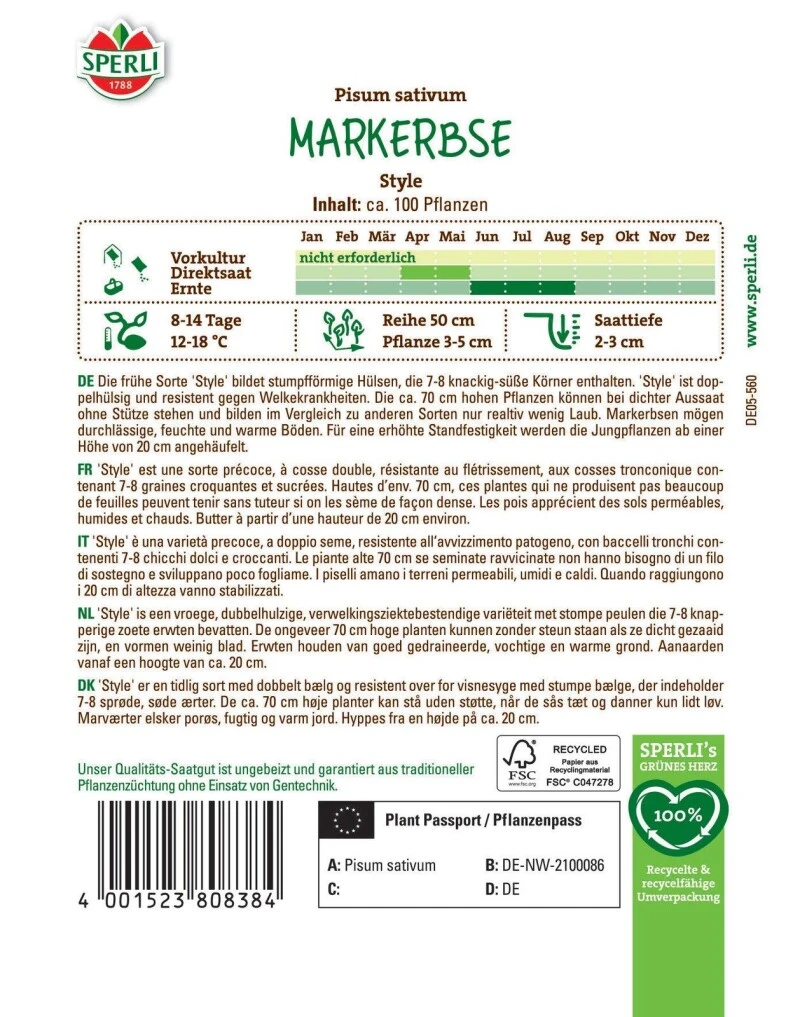 Markerbse Style, Robust, Hoher Ertrag, Gefrier-geeignet, Saatgut Von Sperli