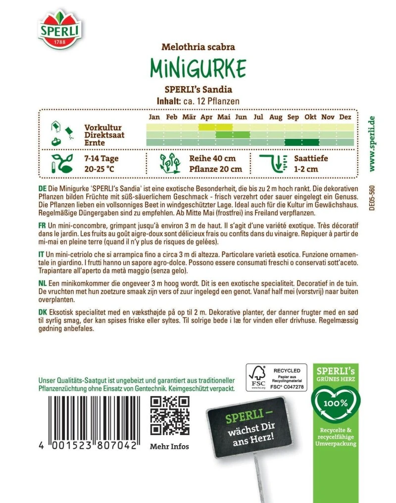 Minigurke SPERLI's Sandia, Snackgurke, Für Gewächshaus Und Freiland, Saatgut Von Sperli