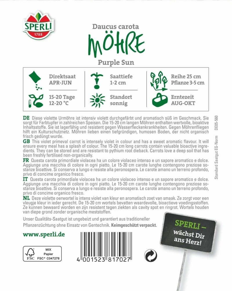 Möhre Purple Sun F1, Mittelspäte Süße "Urmöhre", Lagerfähig