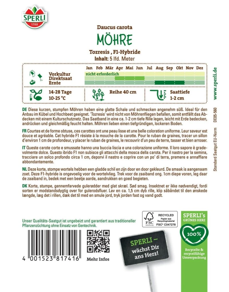 Möhre Tozresis F1, Saatband, Resistent Ohne Möhrenfliegenbefall, Saatgut Von Sperli – Bild 2