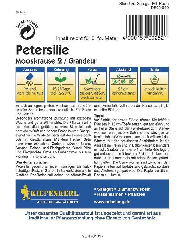 Petersilie Grandeur (Moskrul 2), Saatband 5mtr