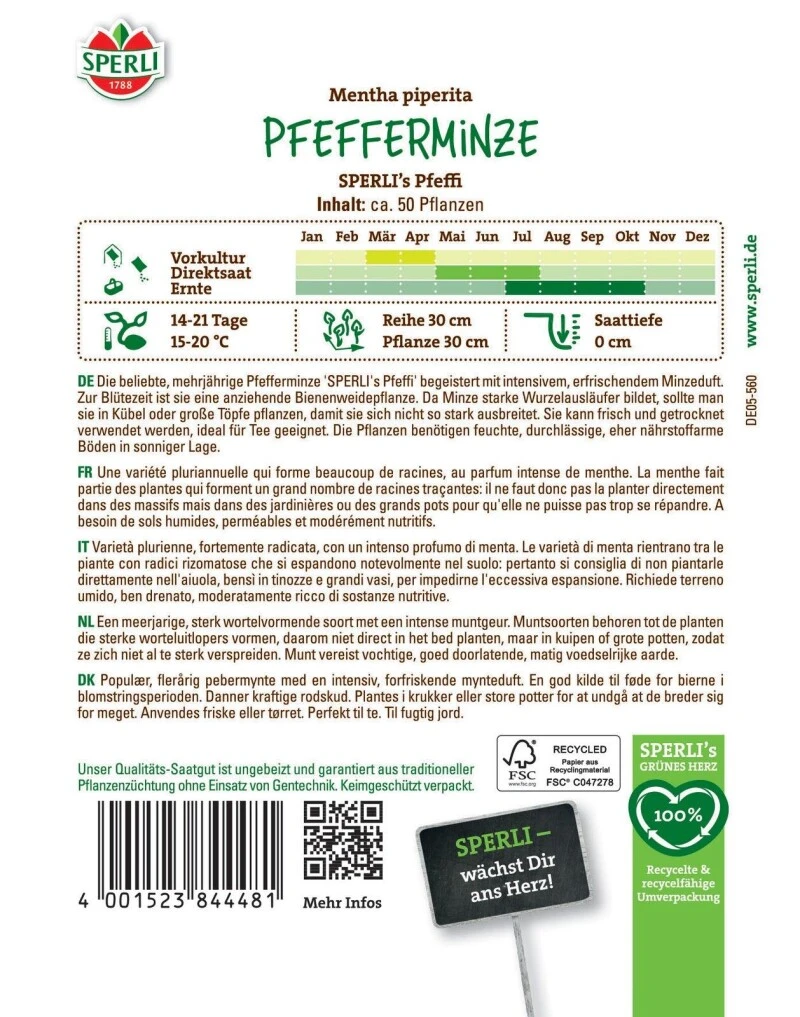 Pfefferminze SPERLI's Pfeffi, Mehrjährig, Nützlingsfreundlich, Kübelgeeignet, Saatgut Von Sperli