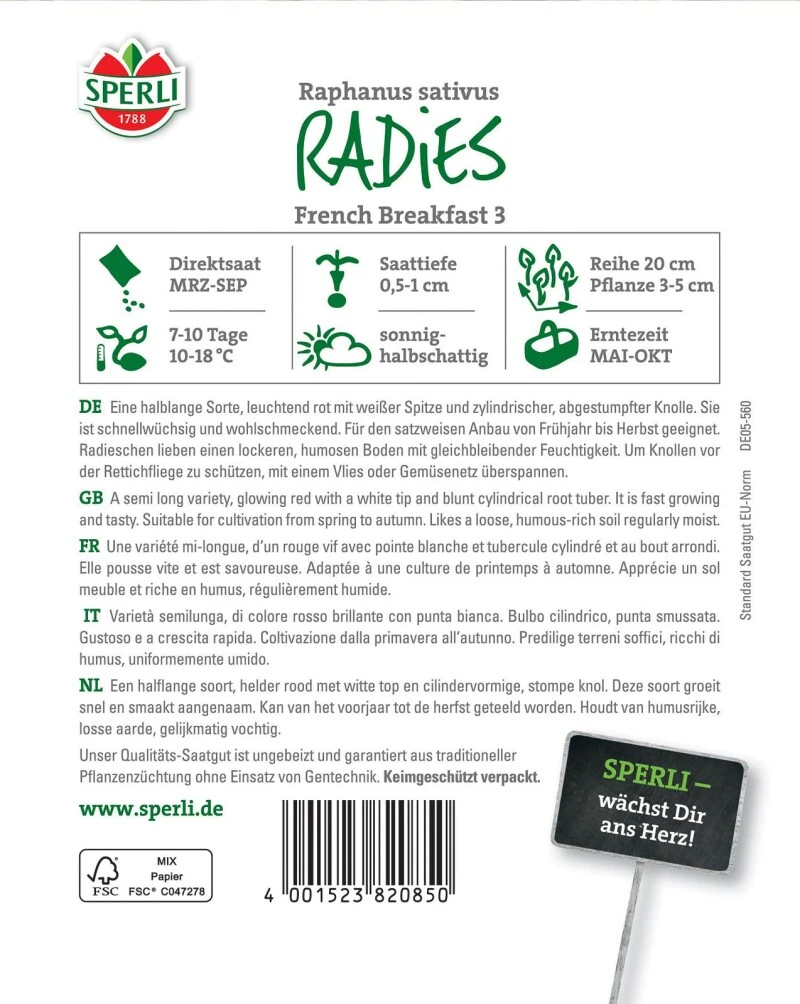 Radies French Breakfast 3, Mildwürzige Schnellwüchsige Alte Sorte, Mittelfrüh Bevorzugt Für Den Sommeranbau