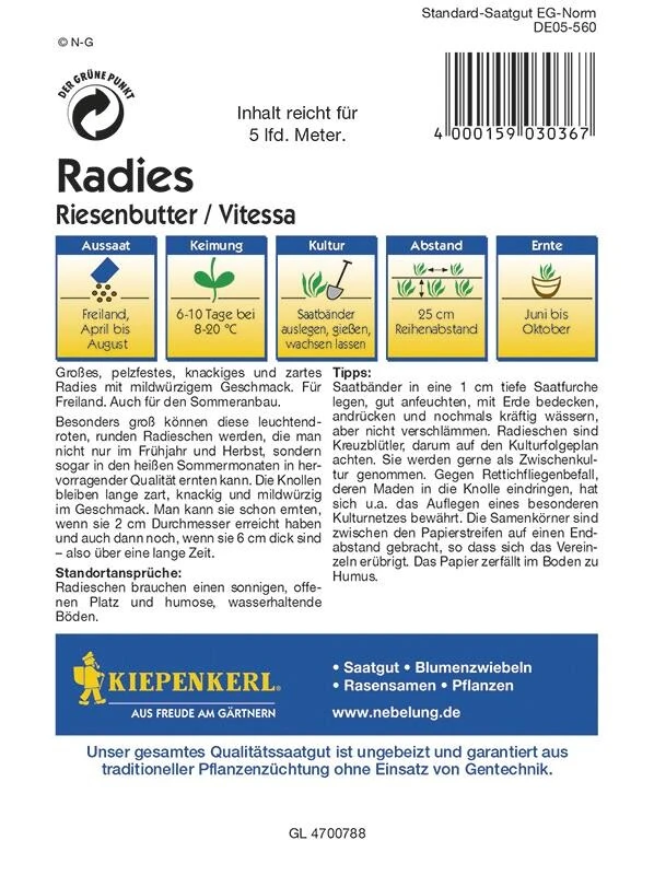 Radies Riesenbutter Vitessa Saatband 5mtr