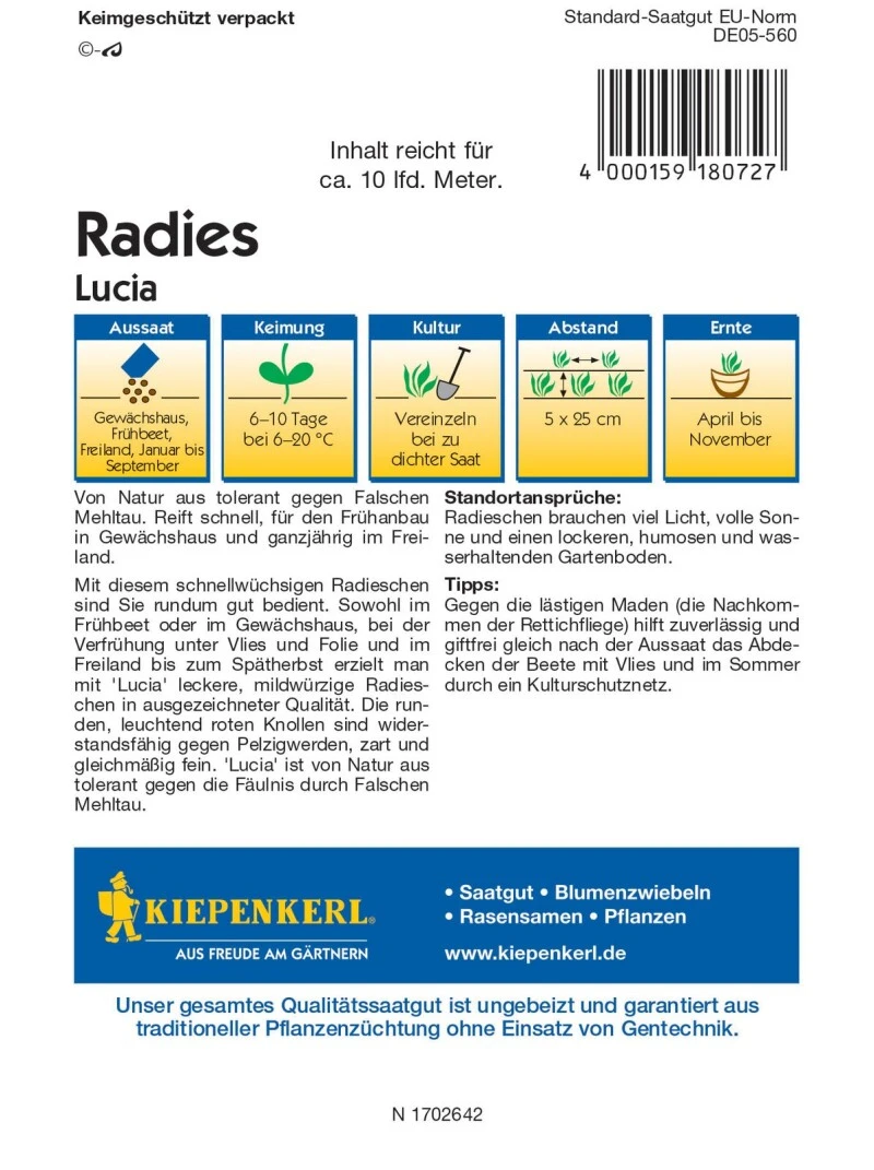 Radieschen Lucia F1, Tolerant, Zum Frühanbau Im Gewächshaus Und Freiland Geeignet