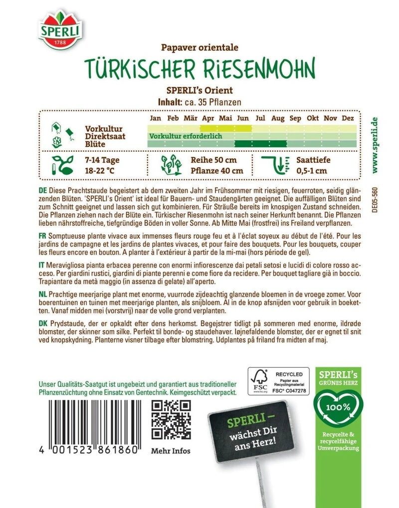 Türkischer Riesenmohn SPERLI's Orient, Mehrjährige Schnittblume, Staude, Saatgut Von Sperli