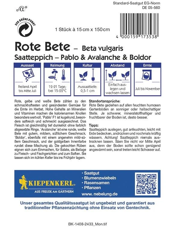 Rote Beete Pablo, Avalanche, Boldor F1 Saatteppich (15cm X 150cm)