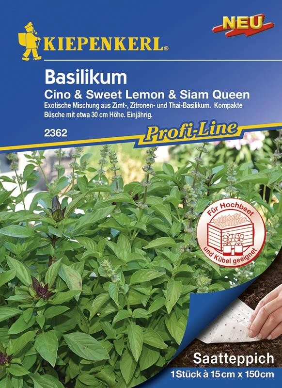 Saatteppich Basilikum Cino (Zimt), Sweet Lemon (Zitrone), Siam Queen (Thai) (15cm X 150cm) – Bild 2