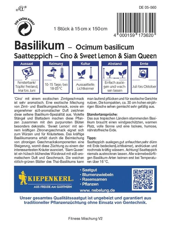 Saatteppich Basilikum Cino (Zimt), Sweet Lemon (Zitrone), Siam Queen (Thai) (15cm X 150cm)