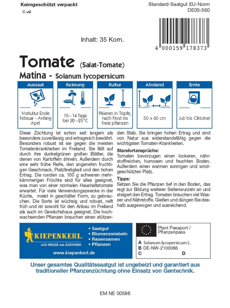 Salat-Tomate Matina, Früheste Freilandtomate Mit Kartoffelblättrigem Laub, Robust Gegen Die Meisten Tomatenkrankheiten