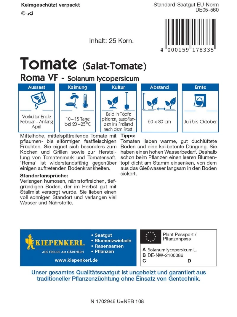 Salat-Tomate Roma VF (Eiertomate/ Romatomate), Pflaumen- Bis Eiförmige Festfleischige Früchte