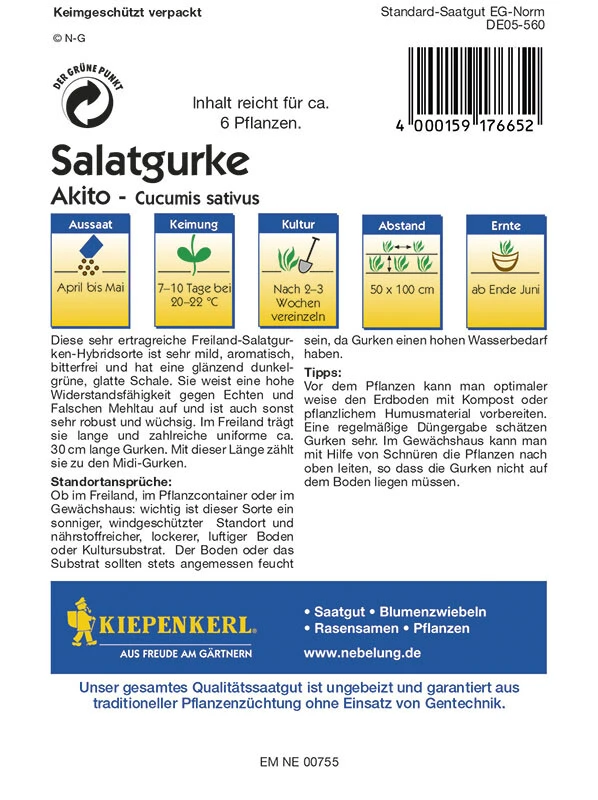 Salatgurke Akito F1 Slicer, Sehr Ertragreiche Freiland-Gurke, Sehr Mild Aromatisch Bitterfrei