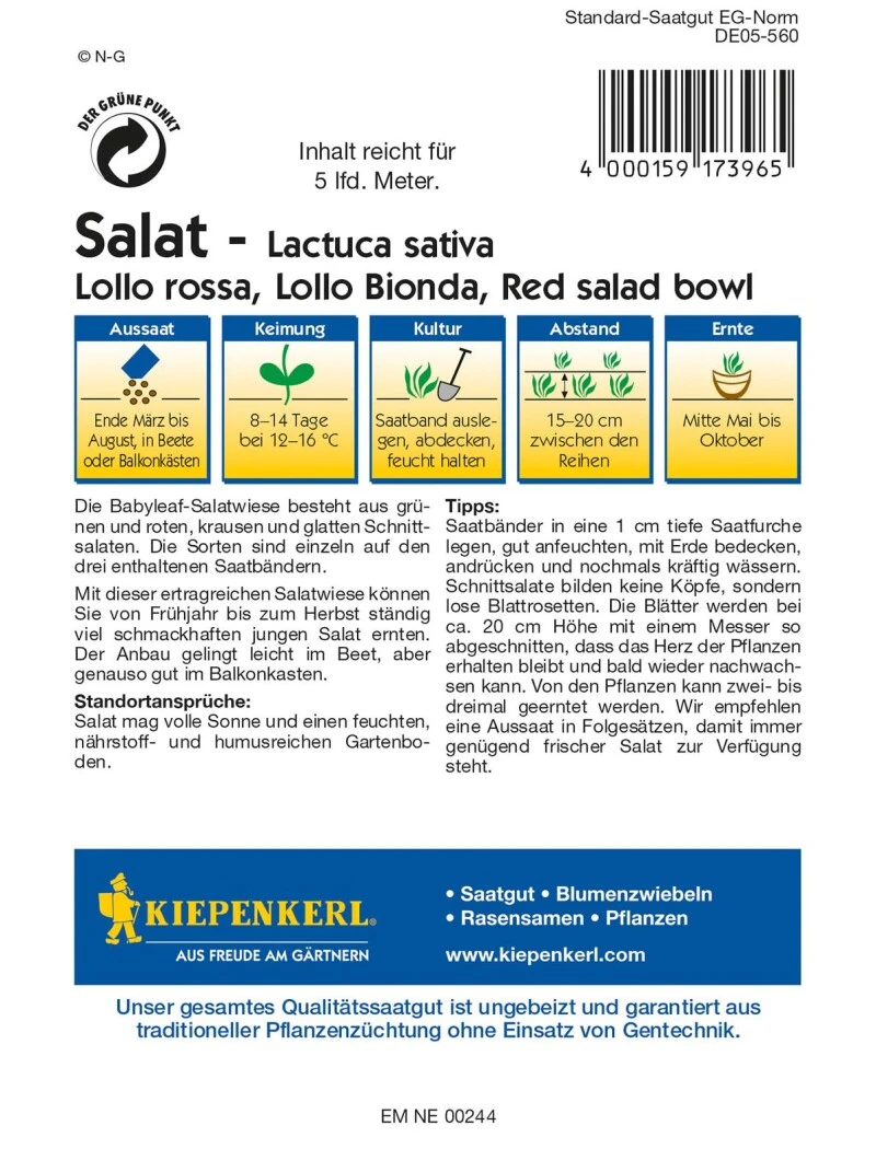 Schnittsalat Babyleaf Salatwiese, Saatband, 5 Meter (3 X 1,67 M)