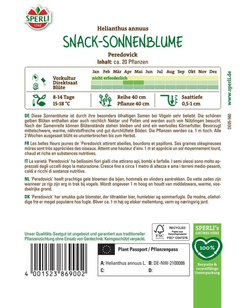 Snack-Sonnenblume Peredovick, Nährstoffreiche Samen Für Die Vogelwelt, Nützlingsfreundlich – Bild 2