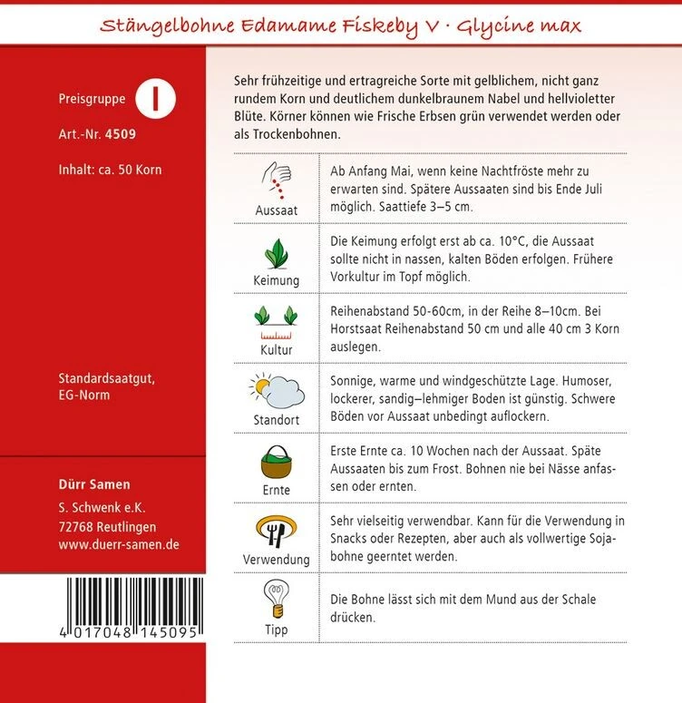 Stängelbohne Edamame Fiskeby V, Sehr Frühzeitige Und Ertragreiche Sorte, Verwendung Wie Frische Erbsen (grün) Oder Als Trockenbohne – Bild 2