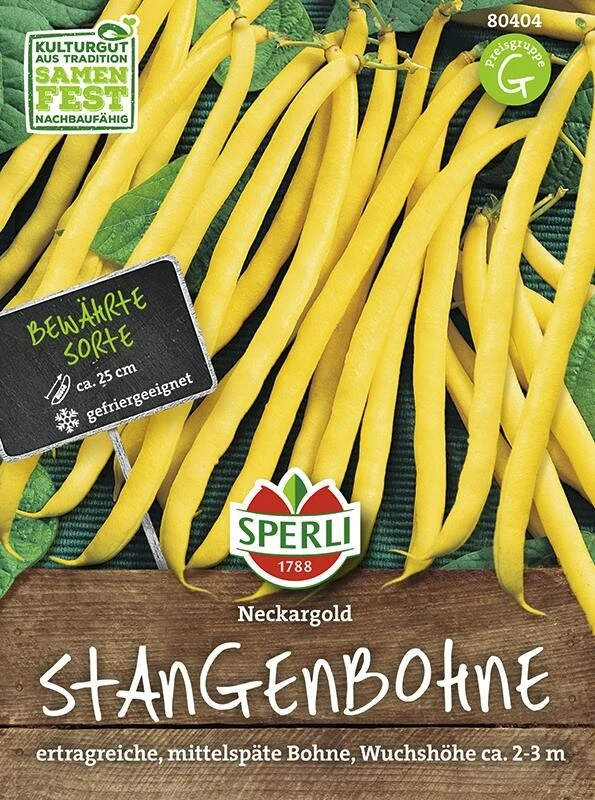 Stangenbohne Neckargold (Wachs), Bewährte Ertragreiche Sorte Mit Zarten Fleischigen, Etwa 25 Cm Langen, Tiefgelben Hülsen – Bild 2