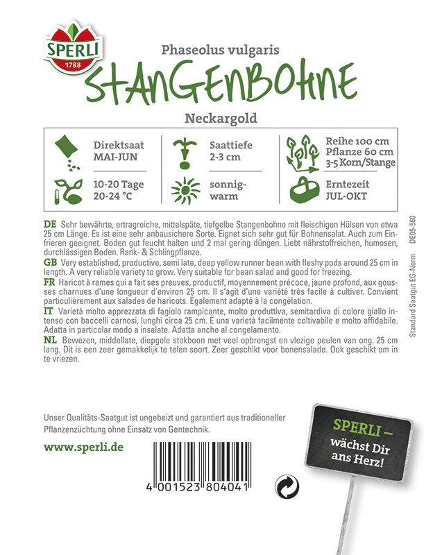 Stangenbohne Neckargold (Wachs), Bewährte Ertragreiche Sorte Mit Zarten Fleischigen, Etwa 25 Cm Langen, Tiefgelben Hülsen