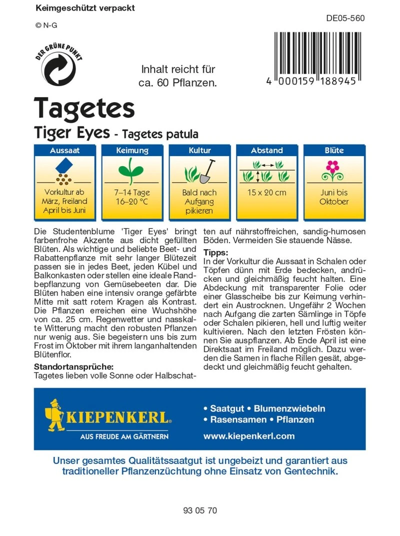 Studentenblume Tiger Eyes, Langanhaltender Blütenflor Aus Dicht Gefüllten Blüten, Für Kästen Und Kübel Geeignet – Bild 2