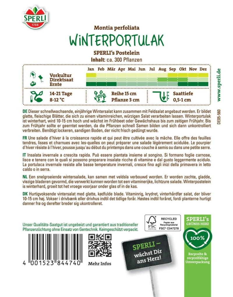 Winterportulak SPERLI's Postelein, Frosthart, Freiland & Gewächshaus, Wüchsig, Saatgut Von Sperli